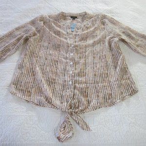 Ann Taylor Factory Top MP Semi Sheer Tie Front Brown Print